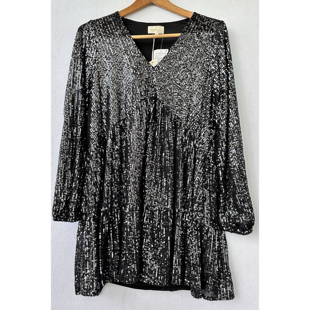 Black Sequin Cocktail Dress Short Babydoll Tiered Formal M NWT